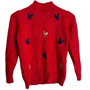 Super Soft Cozy Fuzzy Red Mickey Mouse Patch Long Sleeve Sweater XS FLAWED